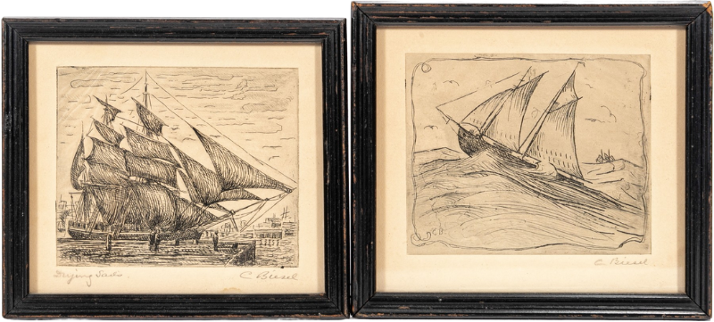 Pair of Signed Charles Biesel (American, 1865-1945) Etchings, Seascapes